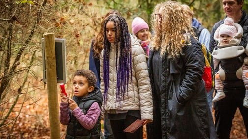 A group of people, with children, exploring a woodland trail.